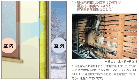 壁体内結露はシロアリの発生や構造材の腐食へのつながり、住宅寿命を縮めることに